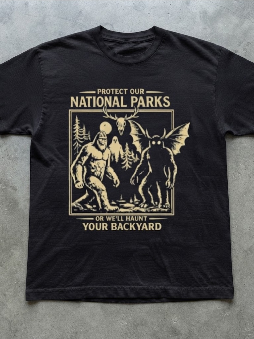 Bigfoot Mothman National Parks Graphic Black Gildan T-shirt